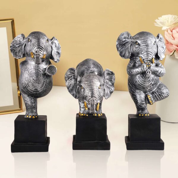 Polyresin Elephant Showpiece Statue and Artifacts for Home Decor, Living Room, Table Decoration for Gifting, Interiors and Diwali Decoration Silver (Set Of 3)